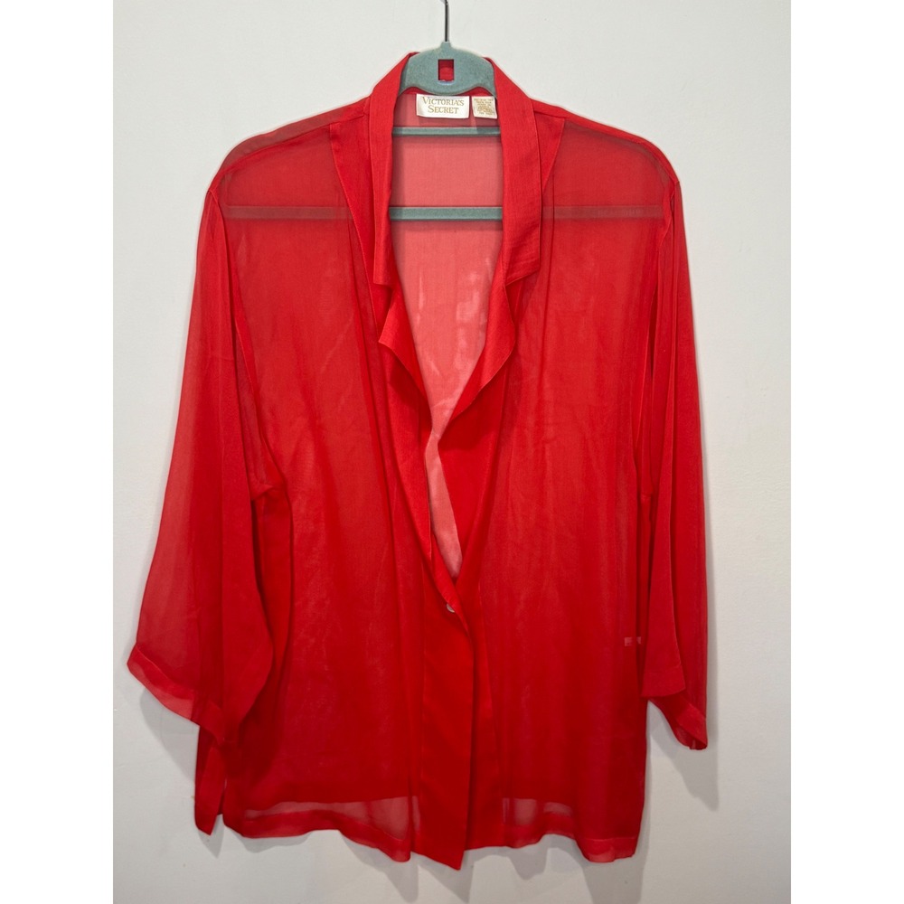 Victoria's Secret Gold Label Red Silk One Button Sheer Top Robe Vintage OS